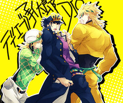  3boys ankai_(rappelzankai) black_hair blonde_hair commentary_request diego_brando dio_brando gakuran green_shirt hat jojo_no_kimyou_na_bouken kujo_jotaro long_coat male_focus multiple_boys school_uniform shirt stardust_crusaders steel_ball_run turtleneck 