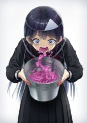  black_hair black_serafuku blue_eyes bucket commentary cowboy_shot female hair_ornament hairclip highres holding holding_bucket kath long_hair long_skirt looking_down nijisanji open_mouth purple_eyes school_uniform serafuku skirt solo teeth triangular_headpiece tsukino_mito tsukino_mito_(5th_costume) very_long_hair virtual_youtuber vomit vomiting white_background 