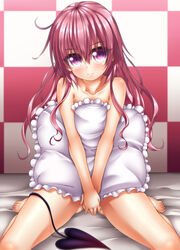  absurdres ass_visible_through_thighs barefoot bed_sheet blush checkered_background closed_mouth collarbone commentary_request covering_crotch covering_privates demon_tail derivative_work female frilled_pillow frills hair_between_eyes head_tilt highres long_hair looking_at_viewer nana_asta_deviluke nude_cover oooqqq pillow pink_hair purple_eyes sitting solo tail to_love-ru very_long_hair wariza 