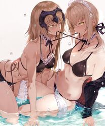  2girls ;) all_fours apron arm_support artoria_pendragon_(alter_swimsuit_rider)_(fate) artoria_pendragon_(alter_swimsuit_rider)_(second_ascension)_(fate) artoria_pendragon_(fate) bare_shoulders bikini black_bikini blonde_hair breasts choker cleavage collarbone commentary_request fate/grand_order fate_(series) hair_between_eyes hair_over_shoulder hair_ribbon halterneck headpiece highres jeanne_d&#039;arc_alter_(avenger)_(fate) jeanne_d&#039;arc_alter_(fate) kneeling leaning_forward light_brown_hair long_hair low_ponytail maid_headdress medium_breasts mouth_hold multiple_girls navel off_shoulder one_eye_closed ponytail ribbon ribbon_in_mouth side-tie_bikini_bottom simple_background sitting sleeves_past_wrists smile swimsuit tokopi waist_apron water_drop wet yellow_eyes 