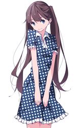  blue_dress blue_eyes brown_hair commentary_request dress female frills highres long_hair original polka_dot polka_dot_dress shimano simple_background solo twintails 