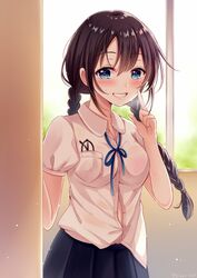  bad_id bad_pixiv_id black_hair blue_eyes blue_ribbon blush braid breast_pocket button_gap collared_shirt commentary_request day eyewear_in_pocket female grin index_finger_raised long_hair looking_at_viewer neck_ribbon original partially_unbuttoned pleated_skirt pocket ribbon sakura_hiyori school_uniform shirt short_sleeves skirt smile solo sweat twin_braids unworn_eyewear white_shirt window 