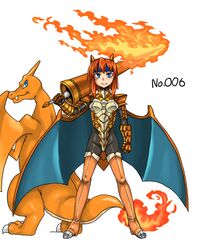  armor blue_eyes blue_wings boots breastplate breasts charizard commentary_request creature_and_personification female flame-tipped_tail flaming_weapon gauntlets horns kitsune-tsuki_(getter) lance looking_at_viewer medium_breasts orange_hair pauldrons personification pokedex_number pokemon pokemon_(creature) polearm shoulder_armor tail thigh_boots thighhighs weapon wings 