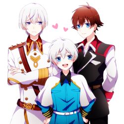  3boys arms_behind_back belt blue_eyes brown_hair capelet commentary_request crossed_arms heart kakumeiki_valvrave l-elf male_focus military military_uniform multiple_boys open_mouth purple_eyes sana423 short_hair smile spoilers the_prince_(kakumeiki_valvrave) tokishima_haruto uniform white_hair 