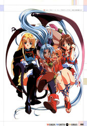  4girls ;d animal_ears ankle_boots arm_around_neck armor bat_wings blonde_hair blue_eyes blue_hair blush boots bow bridal_gauntlets brown_hair cape capelet cat_ears cat_tail choker claws clenched_hand colored_skin company_name copyright_name crescent crescent_hair_ornament cross-laced_clothes cross-laced_footwear crossed_arms crossed_legs delta_(words_worth) demon_girl dress elbow_gloves facial_mark fangs fingernails floating_hair forehead_mark full_body fur gloves greaves green_eyes grin hair_ornament hairbow head_wings highres hug hug_from_behind long_fingernails long_hair looking_at_another looking_at_viewer mew_(words_worth) multiple_girls nina_(words_worth) official_art one_eye_closed open_mouth orange_hair panties pantyshot parted_bangs pauldrons photoshop_(medium) pointy_ears purple_panties purple_skin raised_eyebrows red_eyes ribbon rin-sin scan sharon_(words_worth) short_dress shoulder_armor simple_background sitting skirt smile sword tail thighhighs translation_request underwear vambraces very_long_hair wavy_hair weapon white_background white_dress white_gloves white_legwear wings words_worth yellow_eyes 