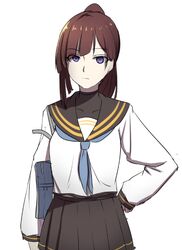  alternate_costume asymmetrical_bangs bag brown_hair commentary female hand_on_own_hip long_hair looking_at_viewer lulu_heika nagato_(warship_girls_r) pleated_skirt purple_eyes school_bag school_uniform serafuku skirt sleeves_past_wrists solo turtleneck warship_girls_r 