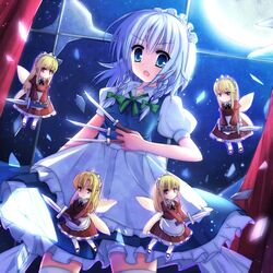  5girls :o apron between_fingers blonde_hair blue_eyes bow braid broken_window commentary_request curtains dutch_angle fairy_maid_(touhou) fairy_wings flying full_moon grey_hair hairbow highres holding izayoi_sakuya juliet_sleeves knife kuze_matsuri long_sleeves looking_at_viewer maid_headdress mary_janes moon multiple_girls night pantyhose puffy_short_sleeves puffy_sleeves red_eyes shards shoes short_hair short_sleeves skirt skirt_set thighhighs touhou twin_braids waist_apron white_legwear wings zettai_ryouiki 