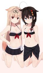  &gt;:) 2girls absurdres adapted_costume ahoge arm_behind_back barefoot bikini bikini_skirt blonde_hair blue_eyes blush braid breasts brown_hair cleavage gradient_background hair_between_eyes hair_flaps hair_ornament hair_over_shoulder hair_ribbon hairpin hand_on_own_hip highres kantai_collection kneeling long_hair looking_at_viewer medium_breasts multiple_girls navel red_eyes ribbon sailor_bikini sailor_collar sarong shigure_(kancolle) shigure_kai_ni_(kancolle) single_braid small_breasts smile swimsuit v-shaped_eyebrows yuki_(yukin0128) yuudachi_(kancolle) yuudachi_kai_ni_(kancolle) yuudachi_kai_ni_(swimsuit)_(kancolle) 