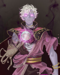  1boy bandaged_arm bandages bangle black_background boey_(fire_emblem) bracelet colored_skin dark_persona fire_emblem fire_emblem_echoes:_shadows_of_valentia fire_emblem_gaiden glowing glowing_eyes highres jewelry male_focus manekicait photoshop_(medium) purple_skin short_sleeves simple_background solo undead white_hair 