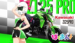  anime_screenshot arm_behind_head ass bakuon!! bare_shoulders blue_hair boots bow braid copyright_name eyecatch female hairbow hand_on_own_hip helmet highres kawasaki_raimu kawasaki_z125_pro long_hair looking_back miniskirt motor_vehicle motorcycle motorcycle_helmet non-web_source race_queen skirt solo twin_braids 