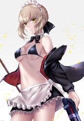  apron artoria_pendragon_(alter_swimsuit_rider)_(fate) artoria_pendragon_(alter_swimsuit_rider)_(second_ascension)_(fate) artoria_pendragon_(fate) bad_id bad_pixiv_id bare_shoulders bikini bikini_top_only black_bikini black_bow black_bowtie black_jacket black_ribbon black_skirt blush bow bowtie braid breasts brown_hair choker closed_mouth collarbone cowboy_shot expressionless fate/grand_order fate_(series) female french_braid frilled_apron frilled_bikini frilled_choker frilled_skirt frills gradient_background grey_background gun hair_between_eyes hair_ribbon highres holding holding_gun holding_weapon jacket long_sleeves looking_at_viewer maid maid_bikini maid_headdress medium_breasts miniskirt navel off_shoulder open_clothes open_jacket pale_skin red_jacket ribbon short_hair sidelocks skirt solo standing stomach string_bikini swimsuit unconventional_maid waist_apron weapon white_apron white_background white_choker yellow_eyes yukihama 