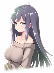  bad_id bad_pixiv_id bare_shoulders black_hair breasts female green_eyes hair_ornament hairclip large_breasts long_hair original ribucci simple_background smile solo sweater white_background 