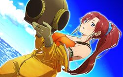  bellows_(suisei_no_gargantia) blue_eyes breasts cloud commentary_request day diving_helmet diving_suit dry_suit dutch_angle earrings female helmet highres hoop_earrings jewelry large_breasts long_hair minakuchi_takashi ocean ponytail red_hair sky solo standard_diving_dress suisei_no_gargantia 