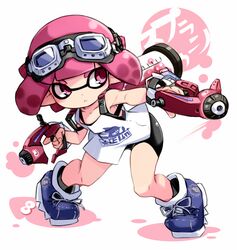  bike_shorts black_shorts blue_footwear blunt_bangs closed_mouth commentary_request cross-laced_footwear dapple_dualies_(splatoon) dual_wielding female frown full_body goggles goggles_on_head holding holding_weapon ink_tank_(splatoon) inkling inkling_(language) inkling_girl inkling_player_character karukan_(monjya) looking_to_the_side pointy_ears print_shirt shirt shoes short_hair shorts sneakers solo splatoon_(series) splatoon_2 standing tank_top tentacle_hair tiptoes weapon white_background white_shirt 