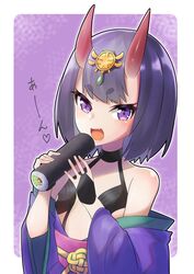  absurdres black_hair commentary_request eating ehoumaki fate/grand_order fate_(series) female food hair_ornament highres horns japanese_clothes looking_at_viewer makizushi obi oerba_yun_fang oni purple_eyes sash setsubun short_hair shuten_douji_(fate) skin-covered_horns solo sushi yakigohan_(ykms_28) 