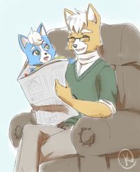  anthro black_nose blue_body blue_fur brown_body brown_fur canid canine chair closed_eyes daww duo eyewear father_(lore) fox fox_mccloud fur furniture glasses green_eyes hair happy kokoro-tokoro male mammal marcus_mccloud nintendo open_mouth parent_(lore) short_hair sitting son_(lore) star_fox white_body white_fur white_hair 