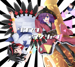  2girls black_footwear black_hair black_legwear blue_bow bow bowl commentary_request dress fingernails hat horns impossible_spell_card japanese_clothes jewelry kijin_seija kimono long_sleeves mallet multicolored_hair multiple_girls nail_polish needle open_mouth pantyhose purple_eyes purple_hair red_eyes red_hair rihito_(usazukin) sandals shoes short_hair short_sleeves small_horns smile sukuna_shinmyoumaru toenail_polish toenails tongue touhou upside-down white_hair white_horns wide_sleeves wristband 