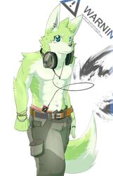  basil_(pixiv) better_version_at_source carpenter_jeans clothed clothing electronics fur green_body green_day green_fur hi_res looking_at_viewer muscular portable_music_player product_placement sum_kemono topless 