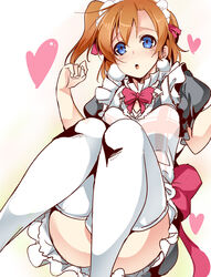  ajishio apron blue_eyes blush brown_hair commentary_request female kosaka_honoka love_live! love_live!_school_idol_project maid maid_headdress mogyutto_&quot;love&quot;_de_sekkin_chuu! one_side_up open_mouth photoshop_(medium) short_hair solo thighhighs 