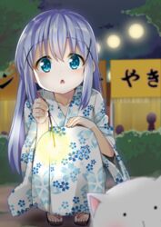  :o blue_eyes blue_hair blurry cacao_(chocolat) chestnut_mouth commentary_request depth_of_field female festival fireworks gochuumon_wa_usagi_desu_ka? hair_ornament hairclip highres japanese_clothes kafuu_chino kimono long_hair outdoors senkou_hanabi solo sparkler squatting summer_festival tippy_(gochiusa) yukata 