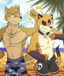  arany atimos_(gothwolf) beach biceps black_nose blue_camo bone bottomwear brown_body brown_fur bump camo canid canine canis clothing cloud domestic_dog duo fist fur gothwolf grin hair hi_res jewelry male mammal muscular muscular_male mysterymanbob neck_collar necklace orange_body orange_fur pecs sand seaside shorts skull sky smile smirk swimwear water wolf 