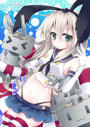  &gt;_&lt; :3 anchor blonde_hair blue_background blush closed_eyes commentary_request crop_top crop_top_overhang elbow_gloves female futase_hijiri gloves green_eyes hairband kantai_collection lifebuoy long_hair midriff navel panties rensouhou-chan ribbon see-through shimakaze_(kancolle) shiny_skin skindentation smile striped_clothes striped_thighhighs swim_ring thighhighs underwear |_| 