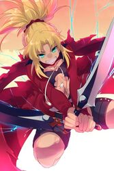  blonde_hair breasts chloe_von_einzbern chloe_von_einzbern_(cosplay) commentary_request cosplay dual_wielding echo_(circa) fate/grand_order fate_(series) female green_eyes grin holding jumping kanshou_&amp;_bakuya_(fate) long_coat long_hair midriff mordred_(fate) mordred_(fate/apocrypha) navel oerba_yun_fang ponytail small_breasts smile solo 