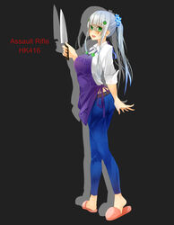  absurdres apron ass belt black_background blue_scrunchie blunt_bangs blush character_name clothes_writing commentary denim facial_mark female full_body girls&#039;_frontline green_eyes grey_hair hair_ornament highres hk416_(girls&#039;_frontline) housewife jeans jewelry knife long_hair looking_at_viewer looking_back open_mouth pants photoshop_(medium) polka_dot polka_dot_scrunchie ponytail purple_apron ring scrunchie shaded_face shadow shirt sidelocks sleeves_rolled_up slippers smile solo standing tattoo teardrop ukeuke wedding_ring white_shirt yandere 