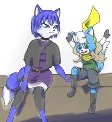  2015 accessory anthro belt black_nose blue_body blue_eyes blue_fur blue_hair boots canid canine clothing duo female footwear fox fur furgonomics gloves green_eyes hair handwear jacket kokoro-tokoro krystal_(star_fox) male mammal marcus_mccloud mother_(lore) nintendo parent_(lore) raised_arm scarf short_hair simple_background sitting smile son_(lore) star_fox tail tail_accessory tailband topwear white_body white_fur white_hair 