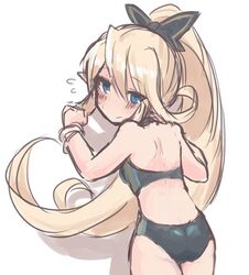  ass bad_id bad_twitter_id black_bow blonde_hair blue_eyes blush bow bracelet charlotta_(granblue_fantasy) competition_swimsuit female flat_ass flying_sweatdrops from_behind granblue_fantasy hair_up hairbow halterneck harvin jewelry long_hair looking_back one-piece_swimsuit sherad simple_background solo swimsuit white_background 