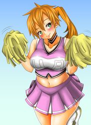  adahcm bare_shoulders boku_no_hero_academia cheerleader female gradient_background green_eyes kendou_itsuka midriff orange_hair pink_clothes pom_poms shiny shiny_skin side_ponytail smile solo standing sweatdrop 