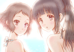  2girls bare_shoulders black_hair bluez brown_hair chitanda_eru commentary_request from_behind hyouka ibara_mayaka long_hair looking_at_viewer looking_back multiple_girls ponytail purple_eyes red_eyes short_hair simple_background upper_body white_background 