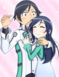  1boy aragaki_ayase black_hair blue_eyes closed_eyes commentary_request company_connection cosplay false_smile female finger_on_trigger first_high_school_uniform gun hayami_saori hug kousaka_kyousuke long_hair mahouka_koukou_no_rettousei nakamura_yuuichi nikukyuu_(vento-aureo-giogio) open_mouth ore_no_imouto_ga_konna_ni_kawaii_wake_ga_nai parody school_uniform shiba_miyuki shiba_tatsuya smile voice_actor_connection weapon yandere 