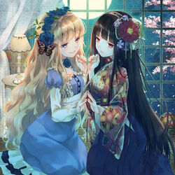  2girls black_hair blonde_hair blue_eyes blush bow bug butterfly cherry_blossoms commentary_request curtains dress flower hair_flower hair_ornament hairbow hakama hakama_skirt hands head_wreath japanese_clothes kimono lamp long_hair long_sleeves multiple_girls namanie original palms parted_lips petals photoshop_(medium) red_eyes skirt smile symmetrical_hand_pose symmetry window 