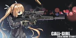  aiming assault_rifle blonde_hair blue_eyes call_of_duty casing_ejection commentary_request covered_mouth english_text female gun h&amp;k_sl8 hagi_(ame_hagi) headset heckler_&amp;_koch highres long_hair long_sleeves mask original rifle scarf shell_casing solo suppressor twintails weapon 