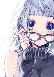  backlighting bad_id bad_pixiv_id black_sleeves black_sweater blue-framed_eyewear blue_eyes blue_hair breasts commentary_request detached_sleeves female glasses highres holding holding_removed_eyewear long_hair long_sleeves looking_at_viewer medium_breasts naoton original parted_lips red_lips simple_background sleeveless sleeveless_sweater sleeves_past_wrists solo sweater turtleneck turtleneck_sweater unworn_eyewear upper_body white_background 