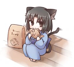  animal_ears black_hair blue_kimono blush chibi commentary_request eating female food japanese_clothes kara_no_kyoukai kemonomimi_mode kimono looking_at_viewer ohitashi_netsurou ryougi_shiki short_hair solo tail taiyaki wagashi 