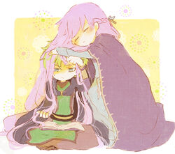  1boy absurdly_long_hair annoyed blue_eyes blush book braid cloak closed_eyes commentary_request couple female fire_emblem fire_emblem:_the_binding_blade green_hair hug indian_style kappaman light_purple_hair long_hair raigh_(fire_emblem) reading robe short_hair sitting sophia_(fire_emblem) spiked_hair straight sweatdrop tabard very_long_hair 