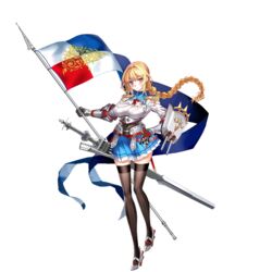  aiguillette armor banner belt blonde_hair blue_eyes blue_skirt blush braid breasts brown_thighhighs cannon closed_mouth epaulettes female flag fleur-de-lis full_body gauntlets hair_between_eyes hand_on_own_hip heterochromia high_heels holding jeanne_d&#039;arc_(warship_girls_r) large_breasts long_hair long_sleeves looking_at_viewer machinery medal military military_uniform miyazakisoul official_art pleated_skirt red_eyes red_ribbon ribbon rigging shield shirt skirt solo standing sword thighhighs transparent_background turret uniform warship_girls_r weapon white_shirt zettai_ryouiki 