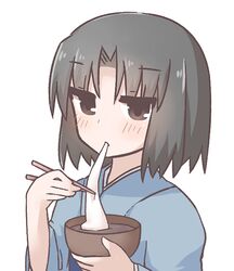  black_hair blue_kimono blush bowl chopsticks commentary_request eating female food japanese_clothes kara_no_kyoukai kimono mochi ohitashi_netsurou ryougi_shiki short_hair simple_background solo upper_body wagashi white_background 