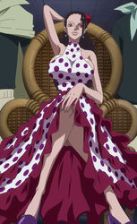  bare_shoulders breasts brown_eyes dressrosa earrings female female flower hair_flower hair_ornament huge_breasts jewelry legs legs_crossed lips looking_at_viewer one_piece screencap sitting solo stitched viola_(one_piece) violet_(one_piece) 