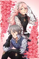  1boy closed_eyes commentary_request craneace earrings father_and_daughter female fire_emblem fire_emblem_fates flower gambeson gloves grey_hair hairband jewelry laslow_(fire_emblem) long_hair open_mouth pink_hair purple_eyes rose sitting soleil_(fire_emblem) teeth 