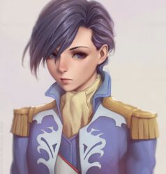  androgynous artist_name ascot blue_eyes blue_hair closed_mouth commentary english_commentary epaulettes expressionless eyelashes female gundam gundam_wing hair_over_one_eye highres lips lipstick looking_at_viewer lucrezia_noin makeup military military_uniform miura-n315 nose short_hair solo uniform 