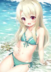  :d air_bubble arm_support bare_shoulders beach bikini blonde_hair blush breasts bubble collarbone commentary_request cowboy_shot day fate/kaleid_liner_prisma_illya fate_(series) female green_bikini hair_between_eyes hand_on_own_stomach highres illyasviel_von_einzbern long_hair looking_at_viewer magical_ruby navel ocean official_alternate_costume open_mouth outdoors photoshop_(medium) red_eyes side-tie_bikini_bottom sitting small_breasts smile solo star_(symbol) star_wand swimsuit thighs tomifumi wand wet 