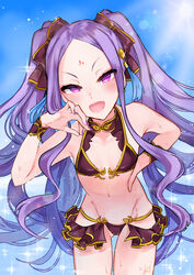  anzu0130 ass_visible_through_thighs bare_shoulders bikini blue_sky blush bow breasts choker cloud cloudy_sky collarbone commentary day eyeliner facial_mark fate/grand_order fate_(series) female forehead forehead_jewel forehead_mark gold_trim hairbow half-closed_eyes hand_on_own_hip highres hip_focus leaning_forward long_hair looking_at_viewer makeup nail_polish navel oerba_yun_fang open_mouth outdoors parted_bangs purple_bikini purple_bow purple_eyes purple_hair purple_nails sky small_breasts smile solo sparkle sunlight sweat swimsuit thighs twintails very_long_hair wavy_hair wrist_cuffs wu_zetian_(fate) wu_zetian_(seaside_luxury)_(fate) 