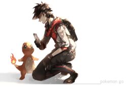  1boy bad_id bad_pixiv_id cellphone charmander copyright_name fingerless_gloves flame-tipped_tail gloves green_eyes hood hoodie kneeling looking_at_another looking_up male_focus male_protagonist_(pokemon_go) open_mouth phone pokemon pokemon_(creature) pokemon_go smartphone smile tsugutoku visor_cap white_background 