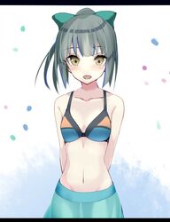  alternate_costume arm_behind_back bare_shoulders breasts commentary_request eyebrows female green_hair green_ribbons hair_ribbon kantai_collection looking_at_viewer navel open_mouth ribbon sarong small_breasts solo tenrai yellow_eyes yuubari_(kancolle) 