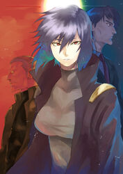  2boys bad_id bad_pixiv_id batou_(gits) female ghost_in_the_shell kusanagi_motoko multiple_boys photoshop_(medium) purple_hair red_eyes short_hair suruga_kreuz togusa_(gits) 