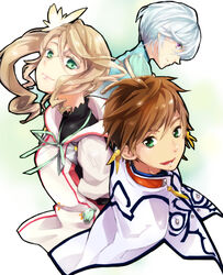  2boys alisha_diphda bishounen blue_hair brown_hair commentary_request female green_eyes kmikan mikleo_(tales) multiple_boys purple_eyes side_ponytail sorey_(tales) tales_of_(series) tales_of_zestiria 