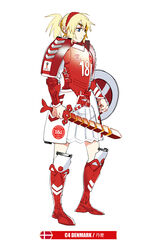  2018_fifa_world_cup armor armored_boots blonde_hair boots breastplate commentary_request danish_flag denmark female full_body hairband holding holding_sword holding_weapon pauldrons photoshop_(medium) ponytail red_footwear shield shoulder_armor simple_background skirt soccer solo sword thick_eyebrows vambraces weapon white_background white_skirt world_cup yu_yanshu 